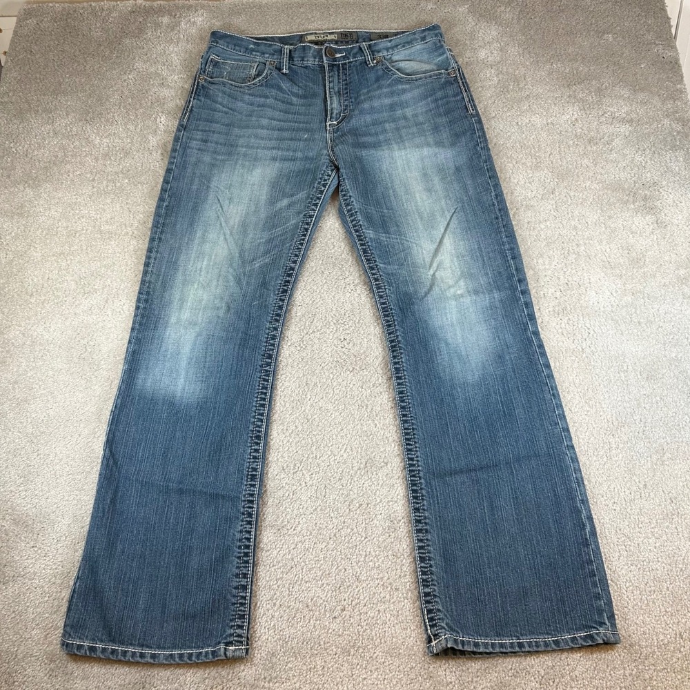 BKE Tyler Straight Leg Jeans Mens 33R Blue Medium Wash Contrast Stitch Denim